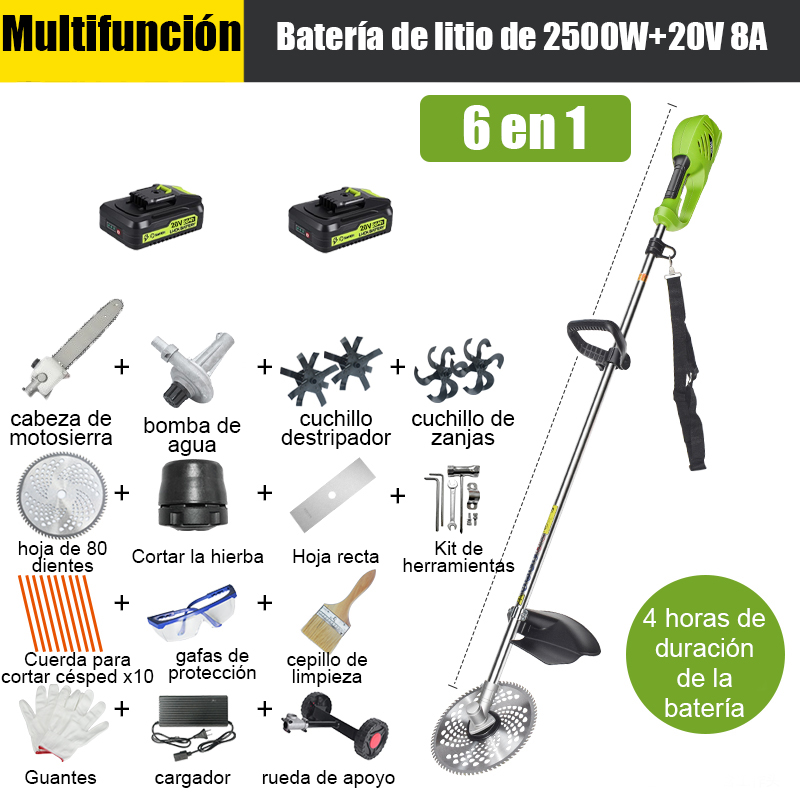 【6 em 1】Baterias de lítio de 2500 W, 20 V 8 A*2, 4 horas de duração da bateria, cabeça de serra elétrica, lâmina de afrouxamento, lâmina de vala, bomba de água, lâmina de 80 dentes, cabeça de corte, corda de corte*10, lâmina reta, roda de suporte, conjunto completo de acessórios.