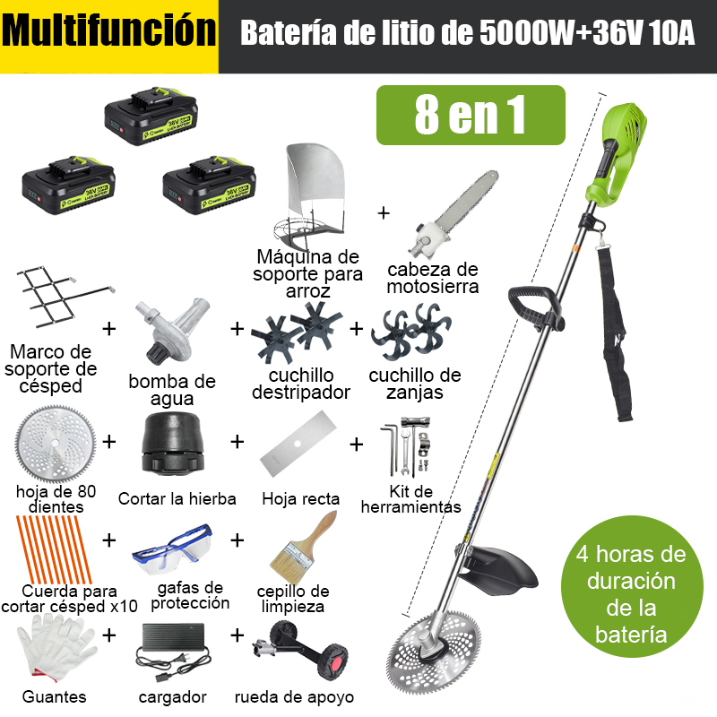 【8 em 1】Bateria de lítio de 5000 W 36 V 10 A * 3, duração da bateria de 4 horas, cabeça de serra elétrica, faca de afrouxamento, faca de trincheira, bomba de água, lâmina de 80 dentes, cabeça de corte, corda de corte * 10, lâmina reta, roda de suporte, estrutura de suporte de gramado, suporte de medidor, conjunto completo de acessórios