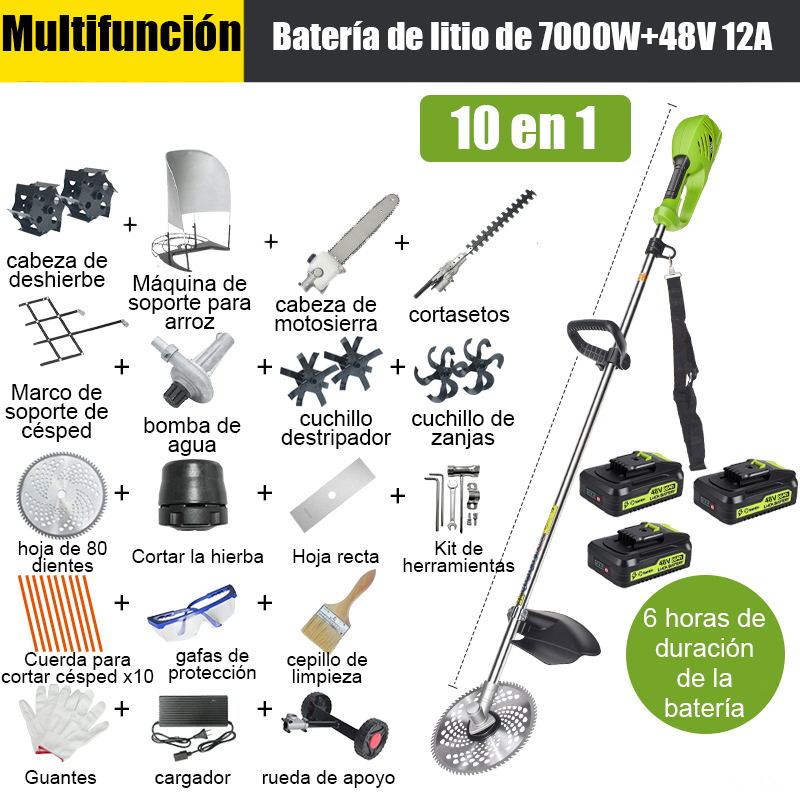 【10 em 1】7000 W, bateria de lítio de 48 V 12 A * 3, duração da bateria de 6 horas, cabeça de serra elétrica, faca de trincheira, faca de trincheira, bomba de água, lâmina de 80 dentes, cabeça de aparador, corda de aparador * 10, lâmina reta, roda de suporte, estrutura de suporte de gramado, suporte de palha, aparador de cerca viva, cabeça de capina, conjunto completo de acessórios