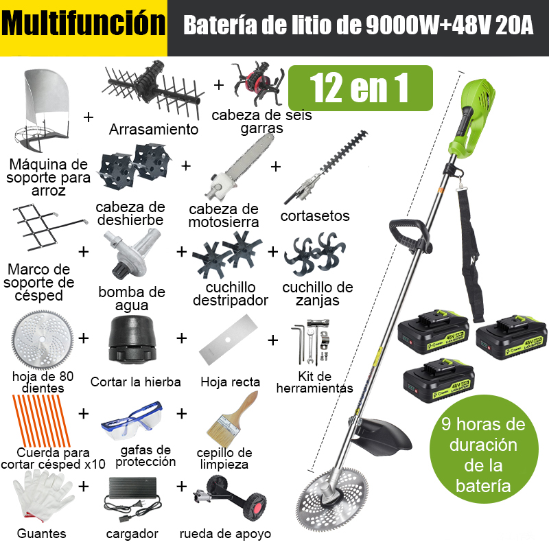 【12 em 1】Bateria de lítio de 9000 W, 48 V 20 A * 3, duração da bateria de 9 horas, cabeça de serra elétrica, cultivador, valetadeira, bomba de água, lâmina de 80 dentes, cabeça de cortador, corda de cortador * 10, lâmina reta, roda de suporte, estrutura de suporte de gramado, suporte de palha, aparador de cerca viva, cabeça de capina, cabeça de seis garras, nivelador, conjunto completo de acessórios